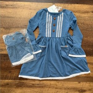 Blue Long Sleeve Girls Dress with Lace Trim